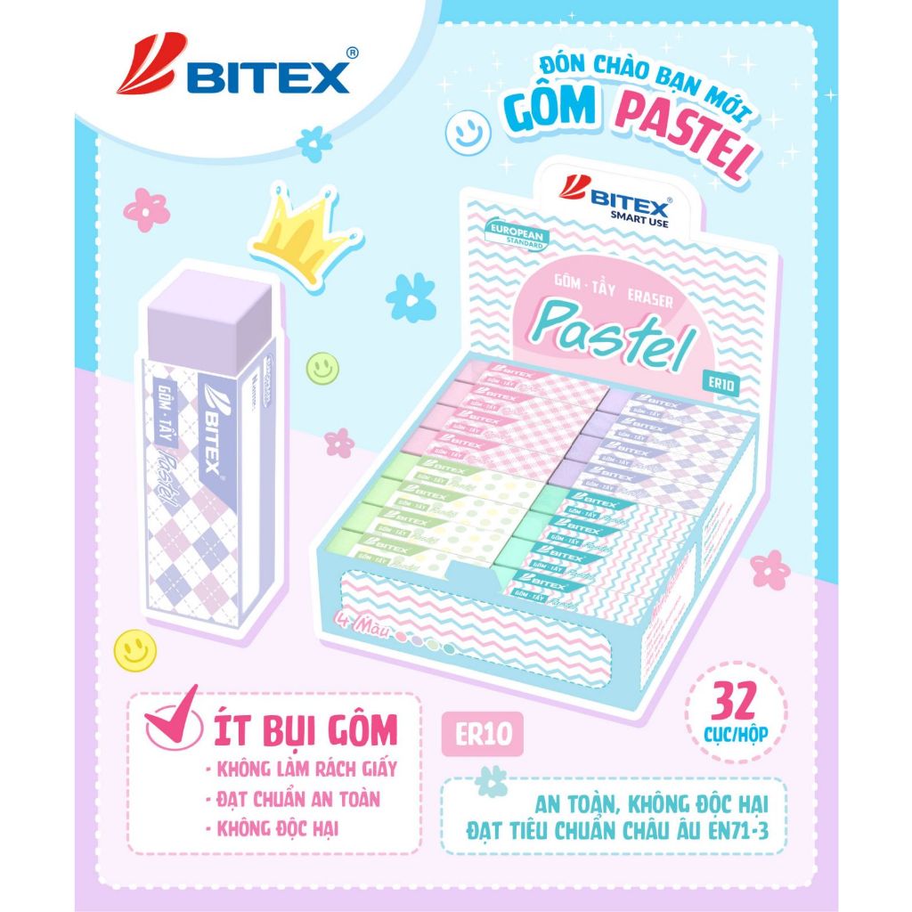 Hộp 32 Gôm tẩy Bitex Pastel ER10 màu ngẫu nhiên