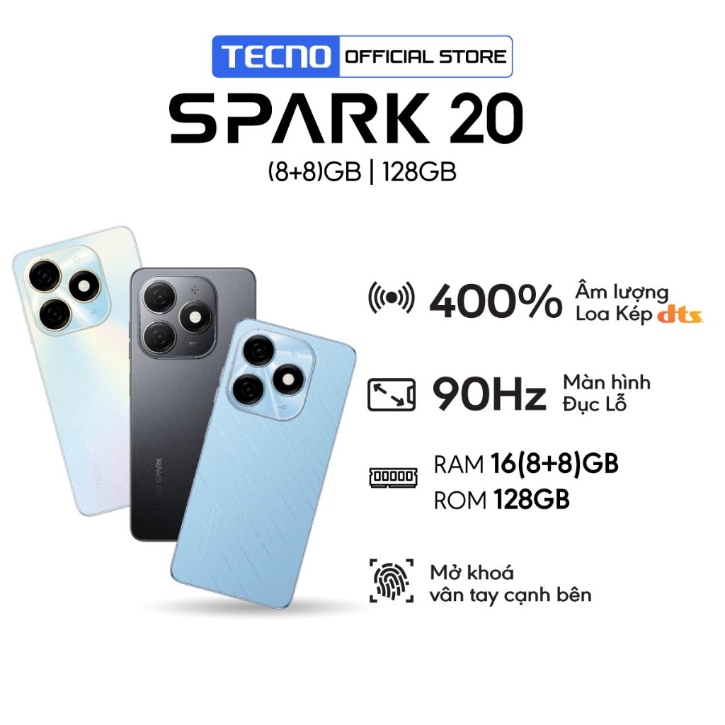 Điện thoại Tecno SPARK 20 (8+8)GB/128GB - Helio G85 | 5000 mAh | Sạc nhanh 18W