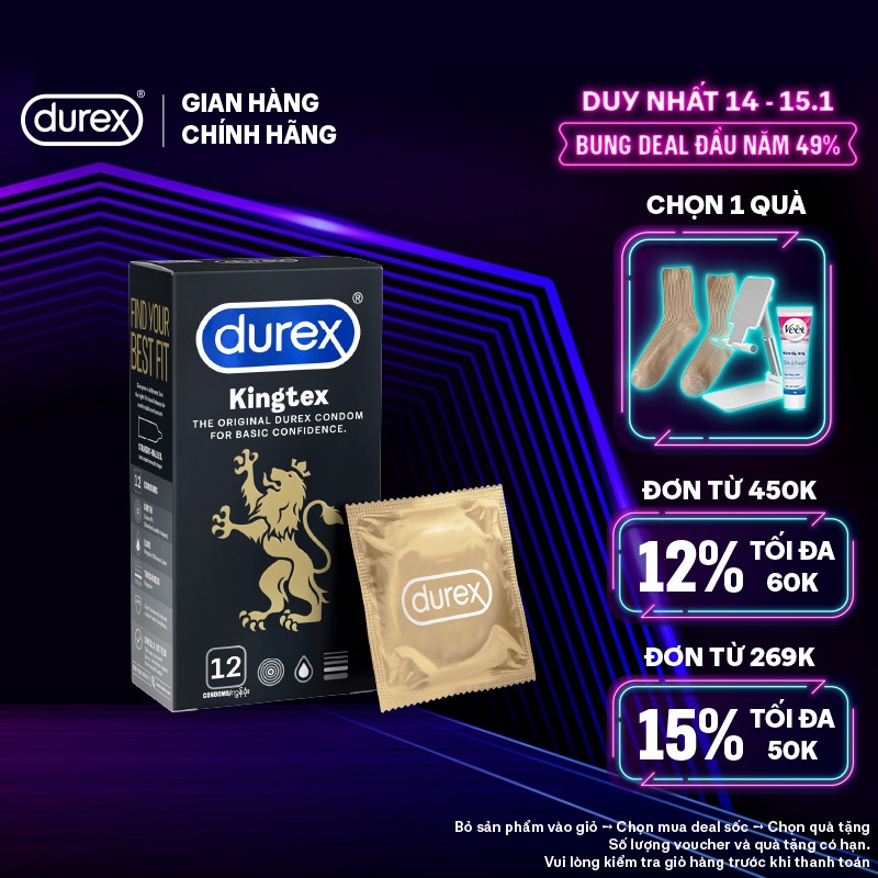 Bao cao su Durex Kingtex ôm sát, bôi trơn, size 49mm, hộp 12 bao