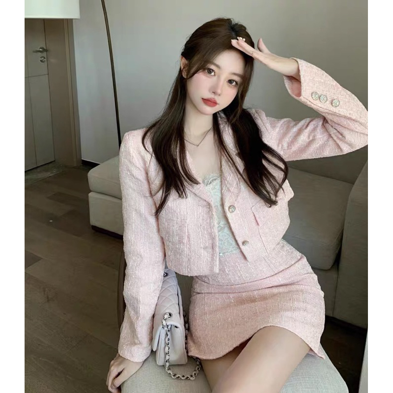 Set dạ hồng pastel tiểu thư A64