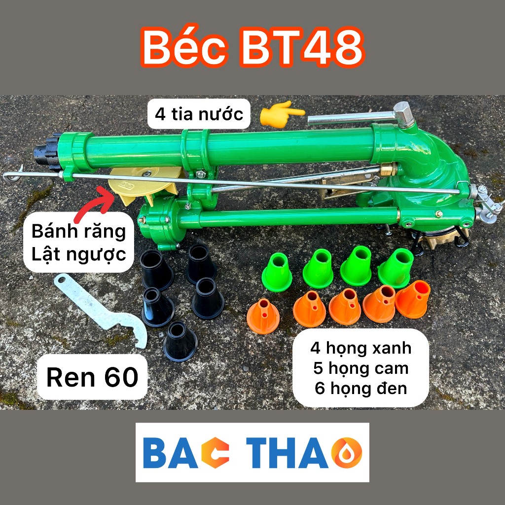Béc BT48 - béc tưới phun mưa 4 tia nước có bánh răng lật ngược bán kính xa 48 mét