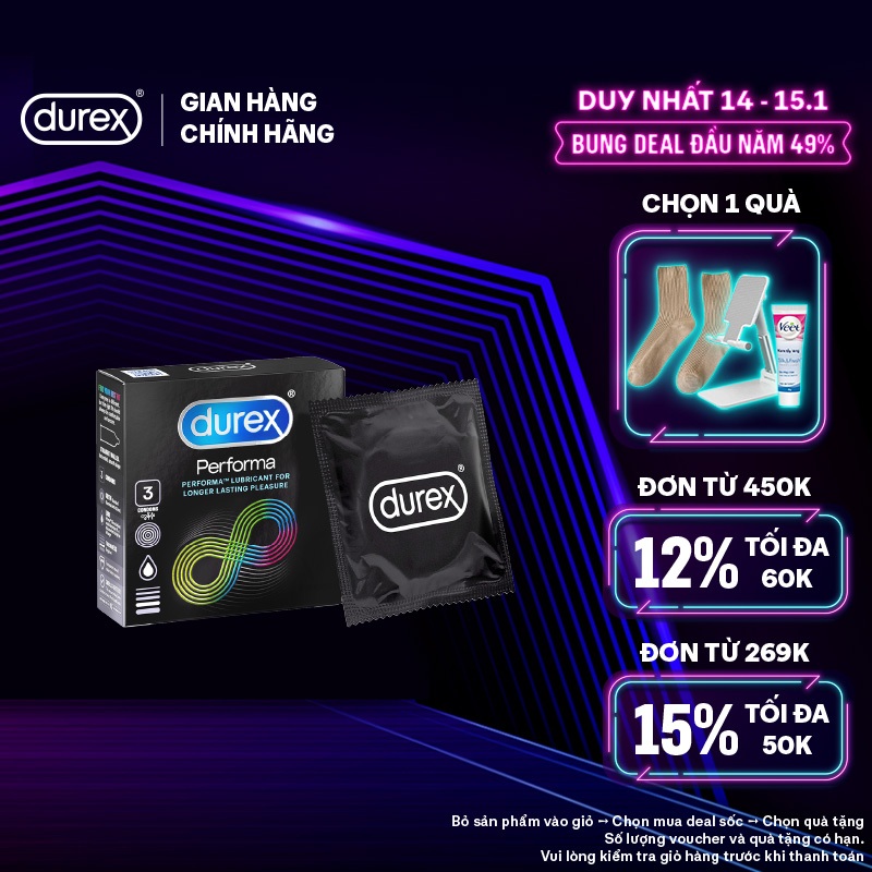 Bao cao su Durex Performa kéo dài thời gian, size 52mm, 3 bao/hộp 