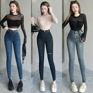 Quần jean nữ bó ống dài, rách kiểu, chất jean co giãn