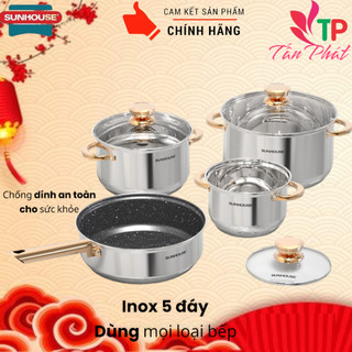 Bộ nồi chảo inox 5 đáy sunhouse shg789 - dùng mọi loại bếp, chảo 24cm chống dính