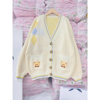 Áo Cardigan Thêu Túi Gấu 5 Cúc Phối Hình Thoi Len Dày Form Rộng Xinh Xắn, Labibi