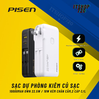 Sạc dự phòng kiêm Cốc sạc  PISEN QUICK High Power Box 10000mAh OWN 22.5W / 18W kèm chân cắm,2 cáp C/L-Hàng chính hãng