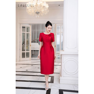 Đầm tiệc LALULILL dáng ôm đứng hoa ngực taffeta đỏ LDL2325701