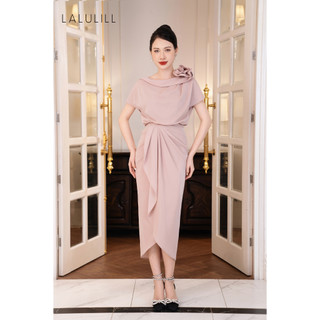Đầm tiệc LALULILL hoa vai Jersey ánh kim hồng LDL2307004
