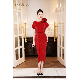 Đầm tiệc LALULILL hoa vai Jersey ánh kim đỏ LDL2307001