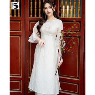Áo dài nữ Twentyfive tay cánh tiên ngắn, tà ngoài vải gấm nổi đính nơ kèm quần dài lụa SD189