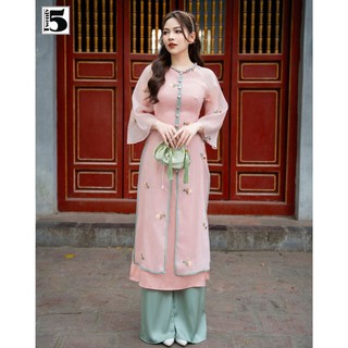 Áo dài nữ Twentyfive cổ tròn tay lỡ voan thêu hoa nhí 2 lớp kèm quần dài lụa QA01
