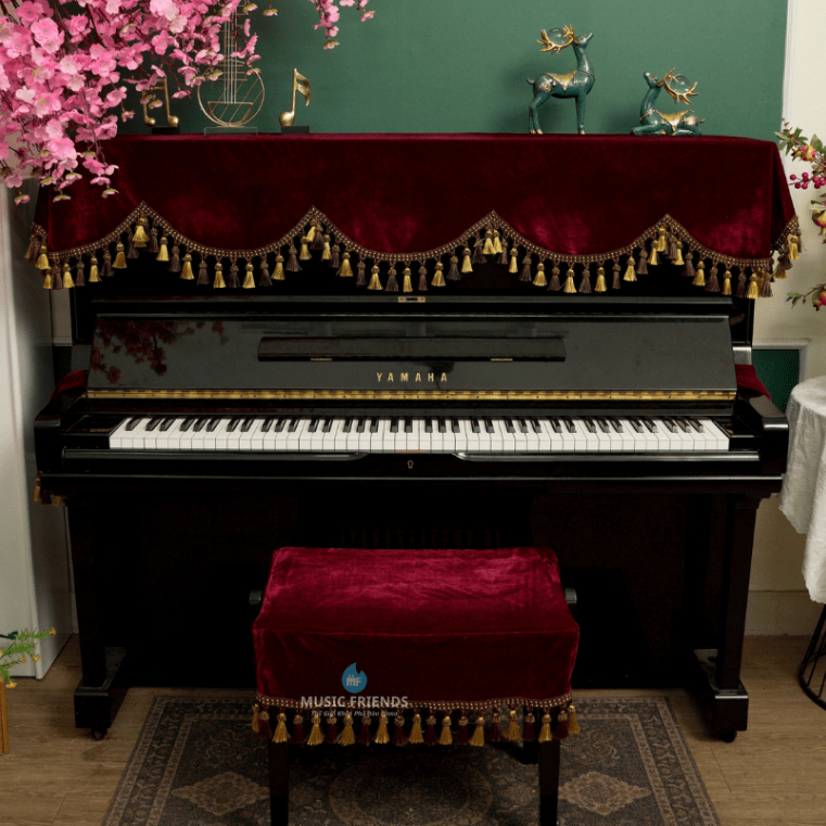 Bộ Khăn Nhung Đỏ Rượu Vang - Phù Hợp Cho Piano Cơ và Piano Điện Tua Rua Cao Cấp