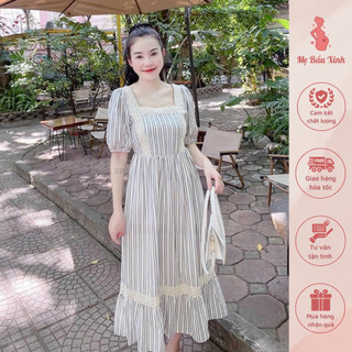 Váy suông maxi cổ vuông phối viền ren, mặc bầu, sau sinh, Chất Thô mềm, không nhăn nhàu, thời trang
