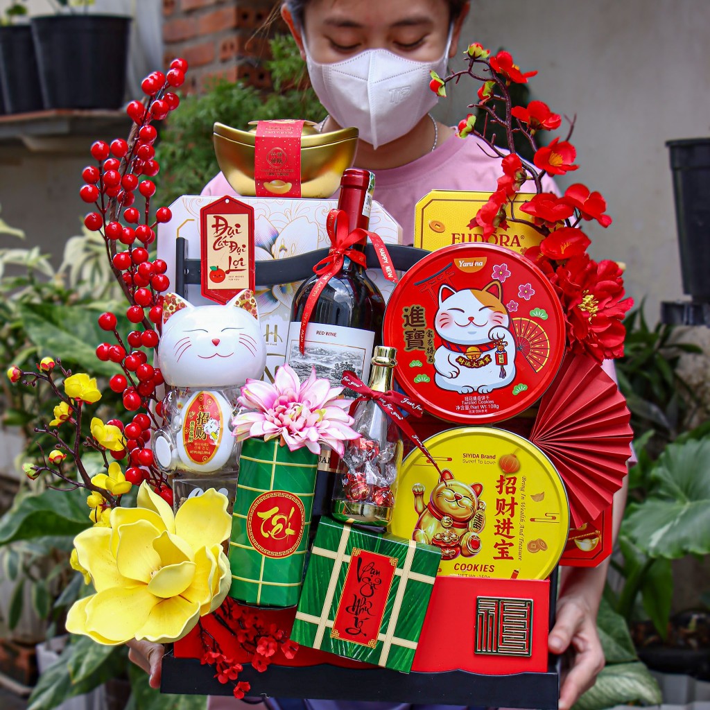 [HOẢ TỐC] Giỏ Quà Tết SET02 BÔNG VÀNG Đủ Phụ Kiện Giỏ Quà Sang Trọng Làm Quà Mừng Xuân Đón Tết