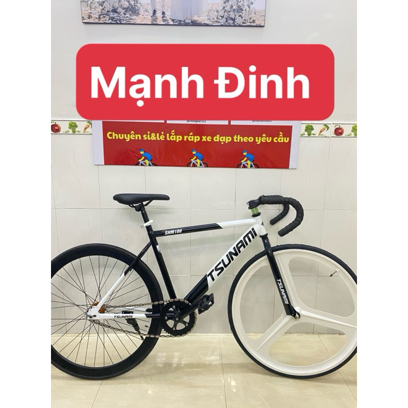 xe đạp thể thao fixed gear và single màu đen phối trắng bánh trước 3 đao trắng ( kèm strap và đồ lắp )