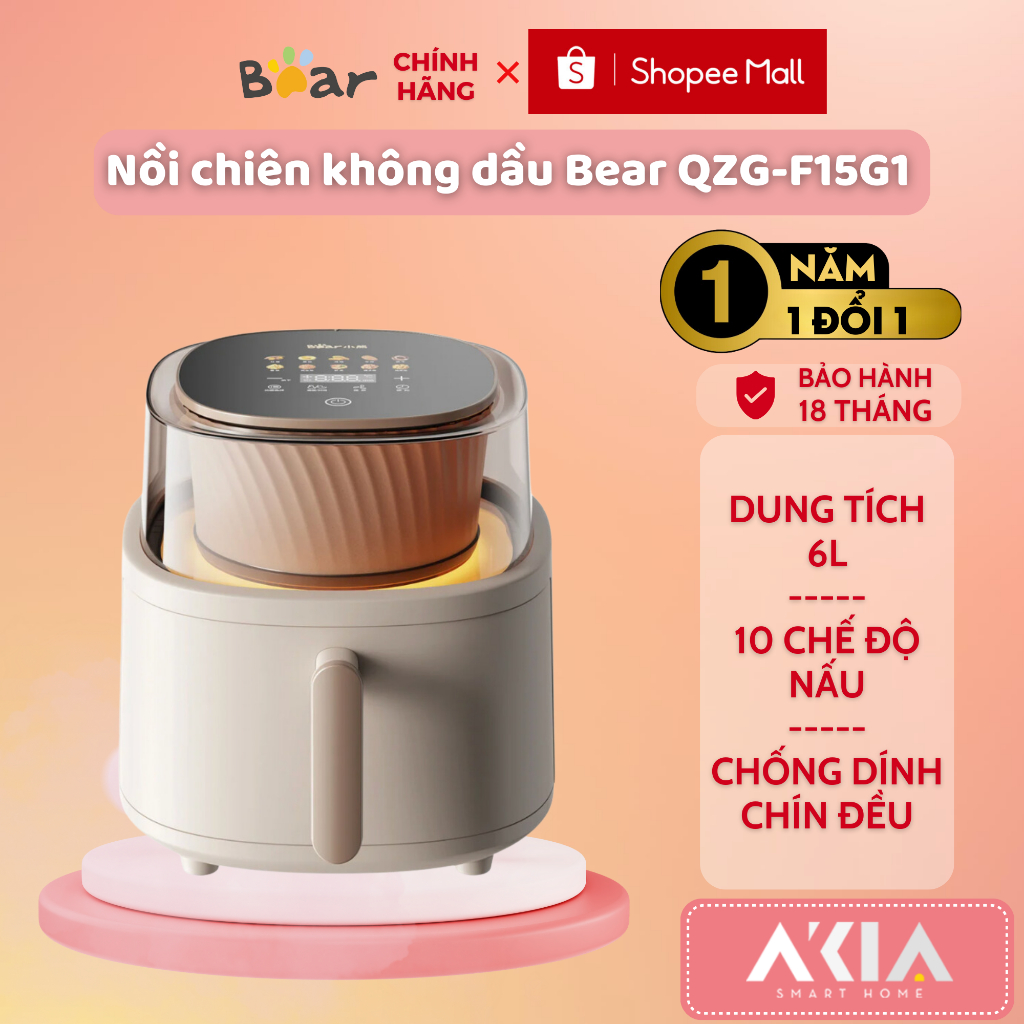 Nồi chiên không dầu 6L Bear QZG-F15G1 - 10 chế độ nấu ăn, hẹn giờ, lòng nồi chống dính, chín đều - BẢO HÀNH 18 THÁNG