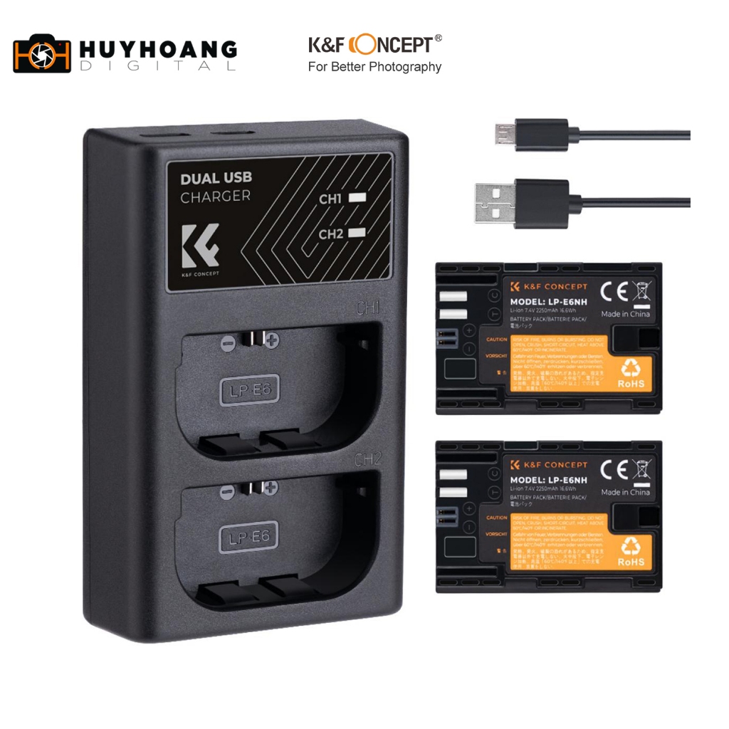 Pin K&F LP-E6NH Dùng Cho Canon 60D,70D, 77D, 80D, 6D, 7D, 7D Mark II ,5D Mark II, 5D Mark III KF28.0098 - 2 Pin + Sạc KF28.009