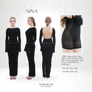  NINA - Đầm Body Thun Gân Tay Dài Hở Lưng Khoét Eo - Váy Body Siết Eo Shapewear Bodydress WSTORE - Đầm Body Tiểu Thư 
