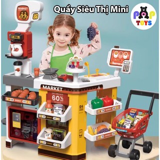 Bộ đồ chơi quầy siêu thị mini - cửa hàng tiện lợi có xe đẩy kèm nhiều phụ kiện cho bé bán hàng nhiều chức năng tiện lợi