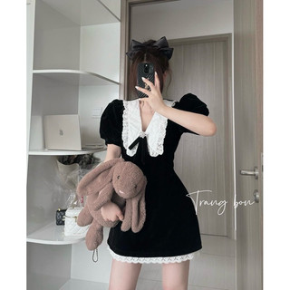 Đầm nhung nữ phối cổ ren dáng A hàng chuẩn ảnh a4