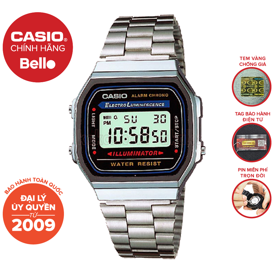 Đồng hồ Nam dây thép Casio A168WA chính hãng bảo hành 1 năm Pin trọn đời