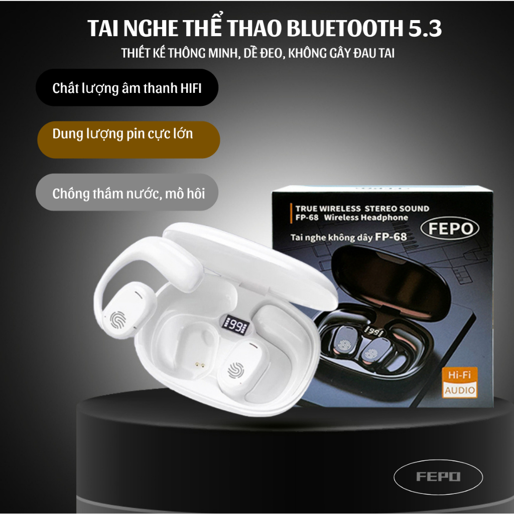 Tai nghe thể thao FEPO thông minh 5.3 kết nối bluetooth, cảm ứng vân tay, tích hợp micro, khử tiếng ồn, kiếm soát âm lượ