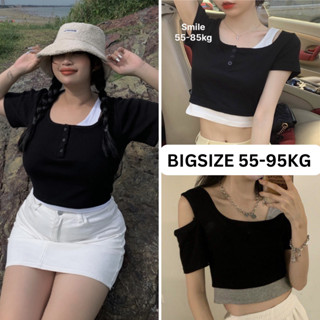 Áo Thun Bigsize Ngắn Tay Phối Trắng Đen Hàn Quốc, Áo Croptop Hở Vai Che Khuyết Điểm Bắp Tay 50-85kg -Smile Bigsize