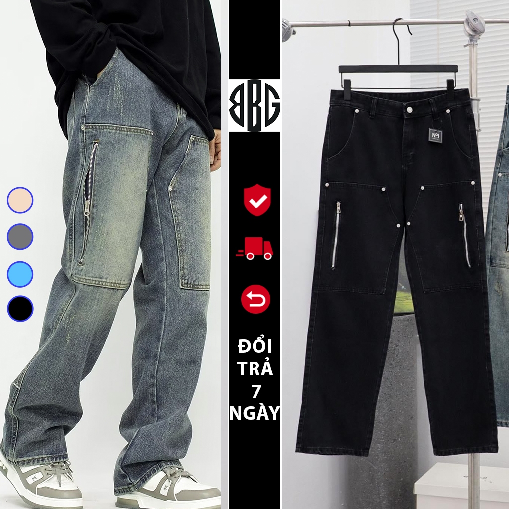 Quần Bò Jean Nam Ống Suông Rộng Khóa Kép Màu Bụi Avocado ,Quần dài baggy ống rộng nam Retro Vintage cao cấp