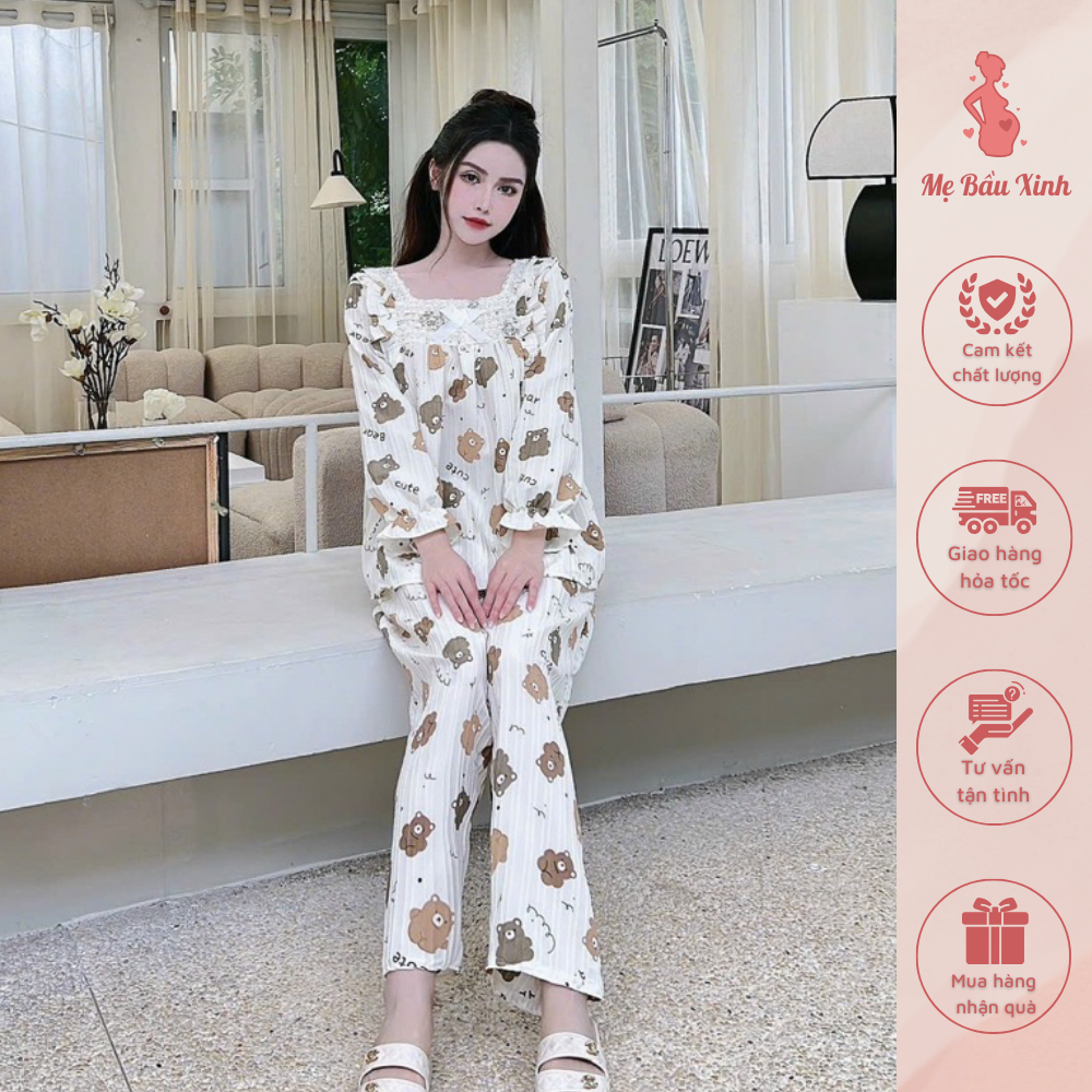 Bộ bầu mặc sau sinh cổ vuông ren mẹ bầu , đồ bộ dài mặc nhà chất đũi thái áo tiện lợi cho con ti quần chun rút tùy chỉnh