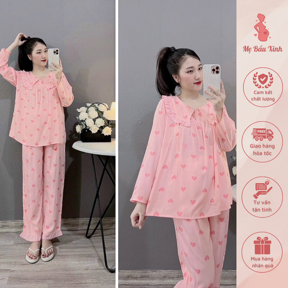 Bộ bầu sau sinh cổ sen phối bèo nhiều màu, chất liệu đũi thái, có khóa kéo 2 bên, quần có chun điều chỉnh tiện lợi