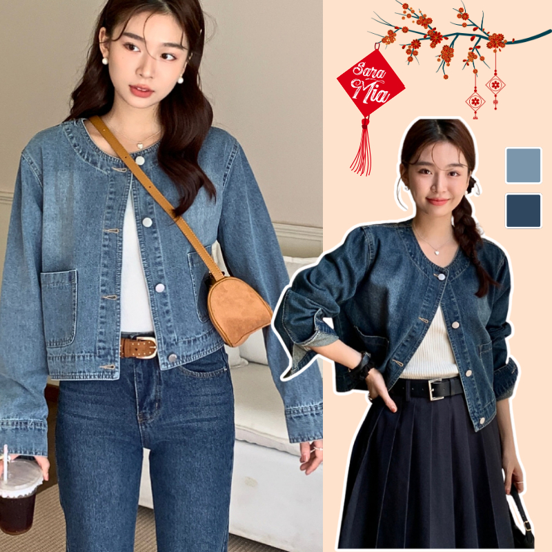 Áo khoác Jean dài tay Saramia nữ dáng croptop cổ tàu có 2 túi phong cách Ulzzang Q3