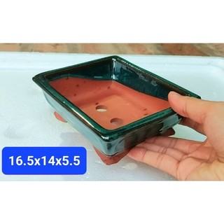 chậu chữ nhật men xanh gốm bát tràng trồng cây bonsai mini