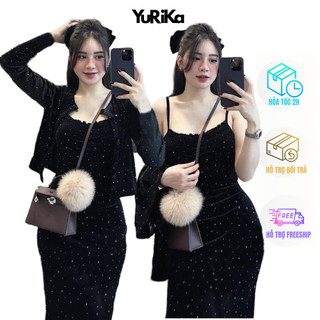 SET bộ Đầm nữ phối Áo Khoác YuRi sang trọng - SET đầm 2 dây kèm áo khoác chất Nhung đính đá chíu lấp lánh