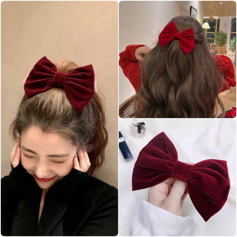 Kẹp Tóc Nơ Chất Liệu Nhung Màu Đỏ