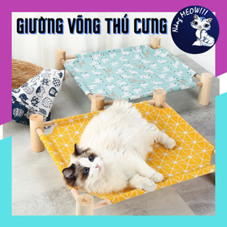 Giường Võng Gỗ Cho Thú Cưng Chó Mèo Vải Thoáng Khí Dễ Tháo Lắp