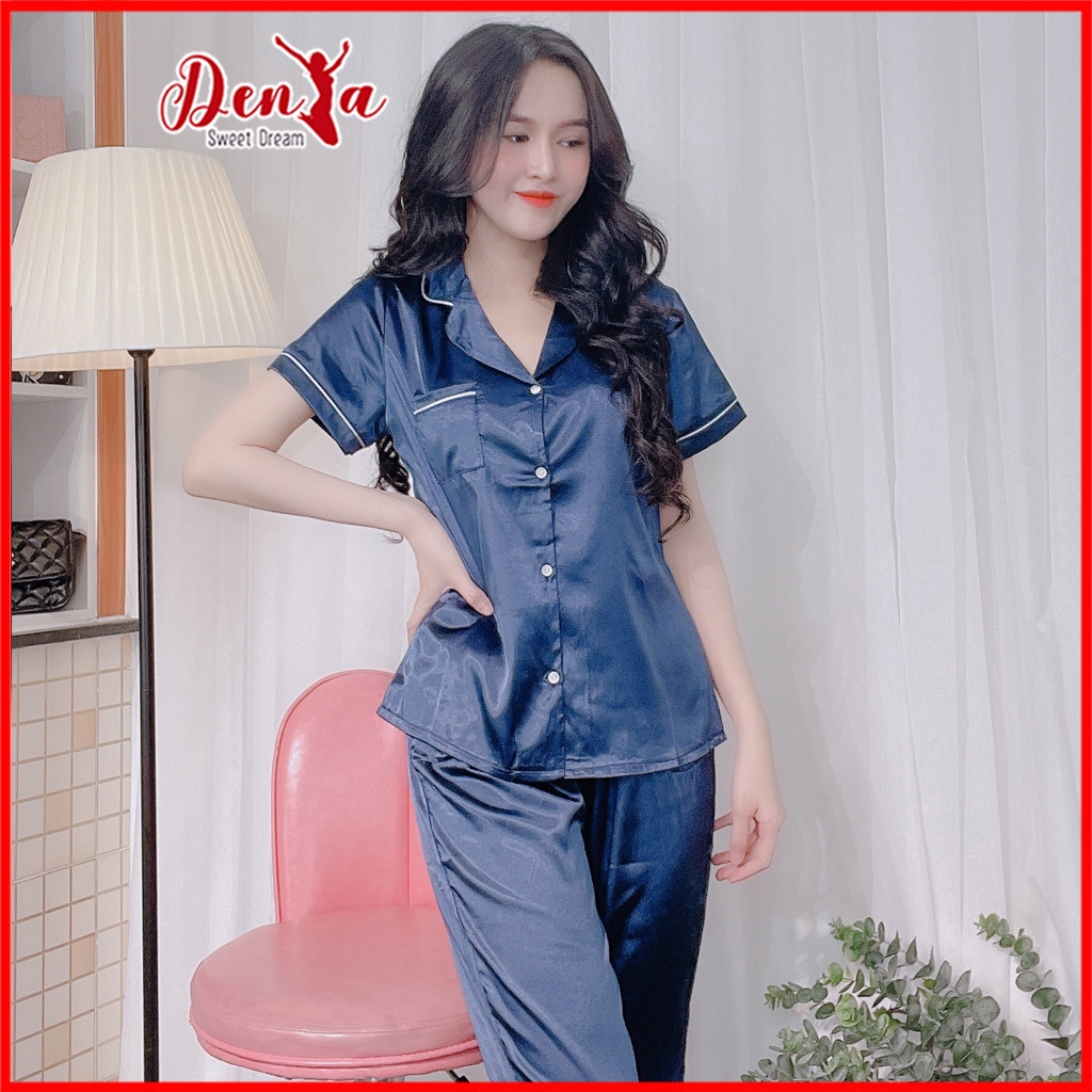Đồ bộ mặc nhà DenYa dạng lửng, trơn, chất phi lụa mềm, kiểu dáng đơn giản DB16