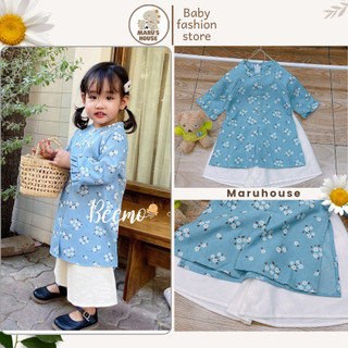 Set áo dài cách tân MARUHOUSE áo bà ba kèm quần trắng ống rộng vải nhung tăm cao cấp hình hoa nhí xinh xắn