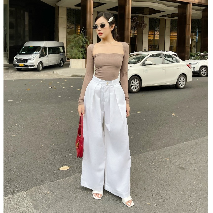 Quần tây nữ ống rộng suông dài tôn dáng - Best Seller là min - DOUBLE PLEATED WIDE TROUSERS - BLACK / WHITE