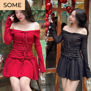Đầm nữ trễ vai xinh dự tiệc màu đỏ noel , Tết, đầm đi chơi tay dài chất xốp đũi 2 lớp nhún sườn tôn dáng_ D06