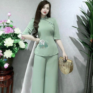 Sét bộ đồ lam nữ pháp phục diện lễ tết - đi chùa cổ tàu thêu hoa sen chất lụa voan hàng cao cấp