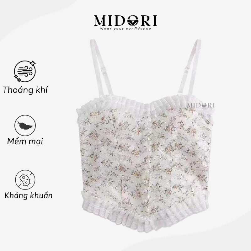 Áo bra ren có Đệm mút tiểu thư đính ngọc siêu xinh Midori - Áo Croptop hai dây màu đen trắng Vintage A112