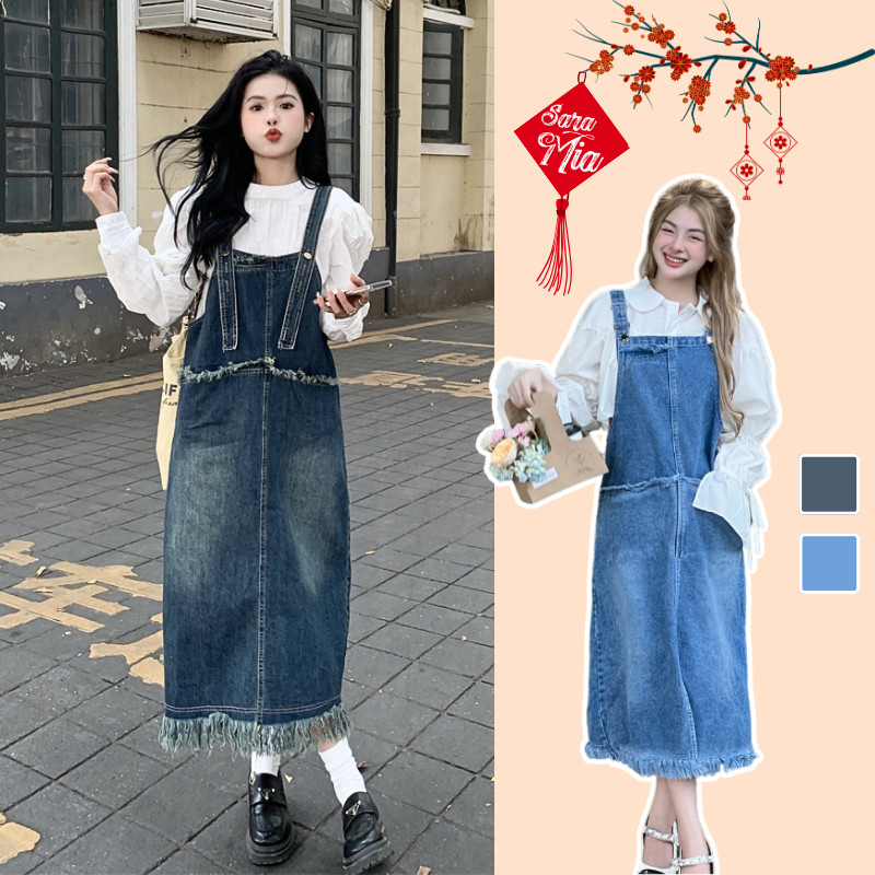 Váy yếm dài jean Saramia nữ dáng rộng xẻ tà trước yếm bò tua rua gấu điều chỉnh dây Y5