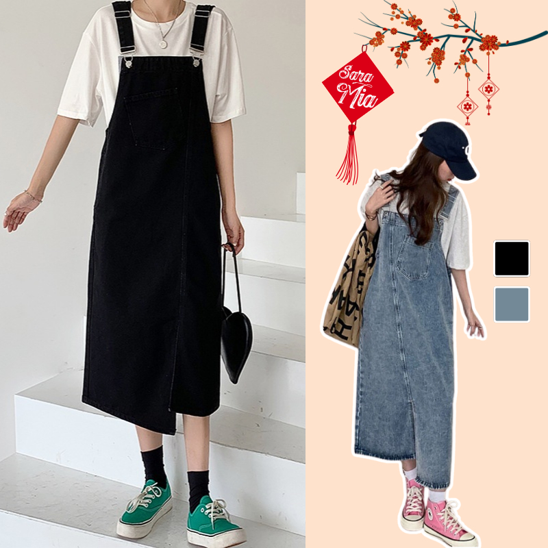 Váy yếm jean dài Saramia nữ yếm bò denim xẻ tà lệch phối túi phong cách Hàn Quốc Y2