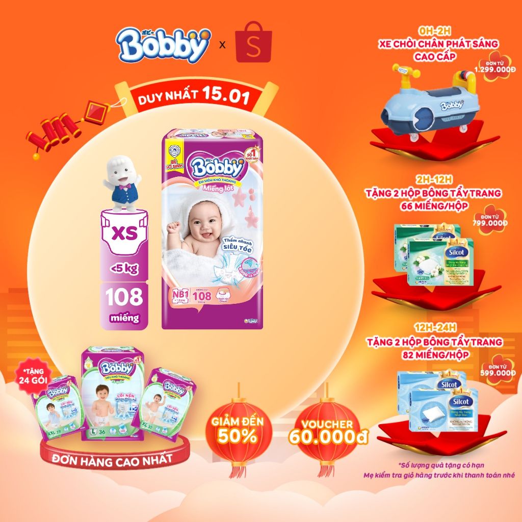 Miếng lót sơ sinh Bobby Newborn 1-108 miếng