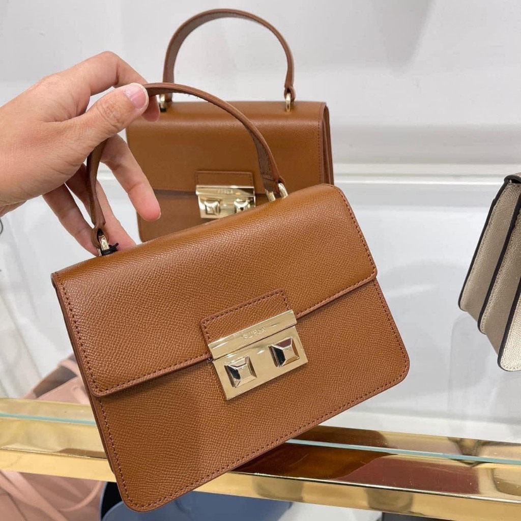 Túi xách chính hãng nữ Furla Top bella nâu congac mới - Size 20cm