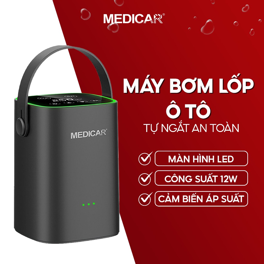 Bơm lốp ô tô an toàn 120W Medicar. Máy bơm hơi ô tô V1 tự ngắt khi đầy độ ồn thấp <65dB. Đo áp suất lốp xe hơi