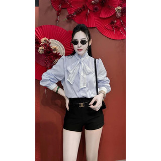 Áo sơ mi cổ viền bèo tiểu thư phối viền