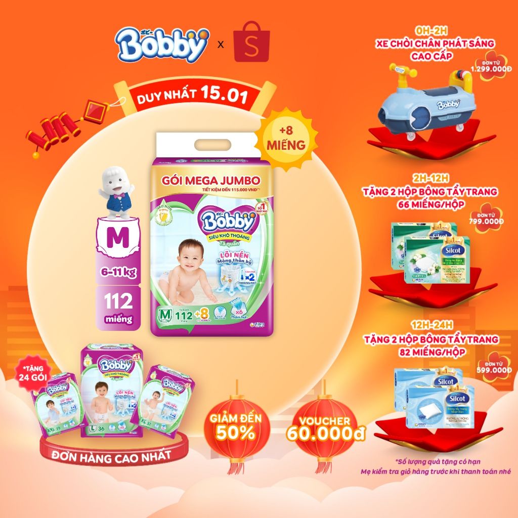  Tã/bỉm quần Bobby 3mm Mega Jumbo Gạo non Giảm nhiệt M112/L96/XL84/XXL76