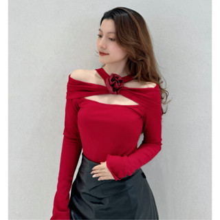  Áo thun len nữ Áo thun nữ dài tay Oni.clothes kiểu trễ vai cách điệu hàng thiết kế phối nơ hoa tiểu thư xinh xắn 