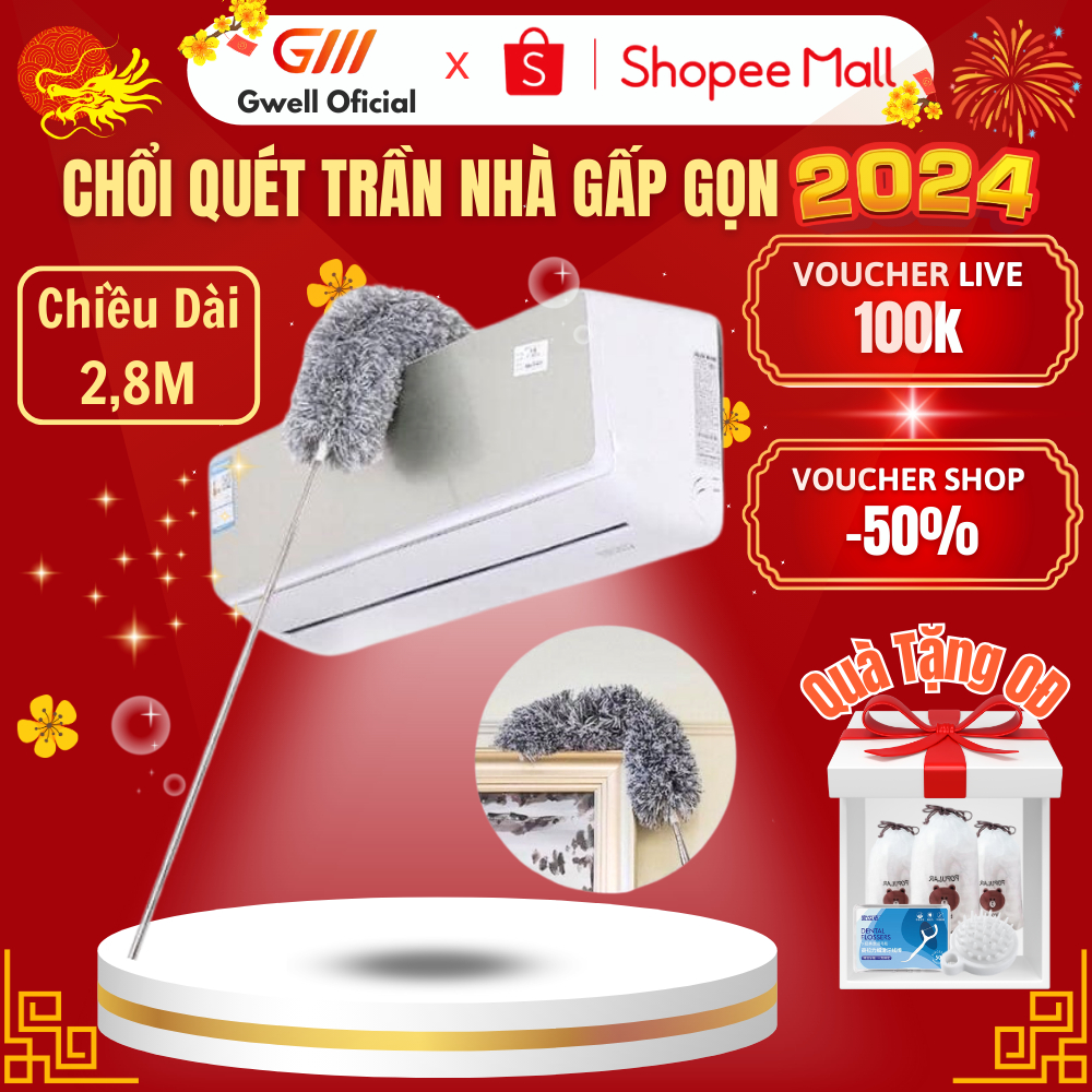 Chổi Quét Trần GODWELL Gấp Gọn, Lau Bụi, Quét Trần Nhà Thông Minh Cao 2m8